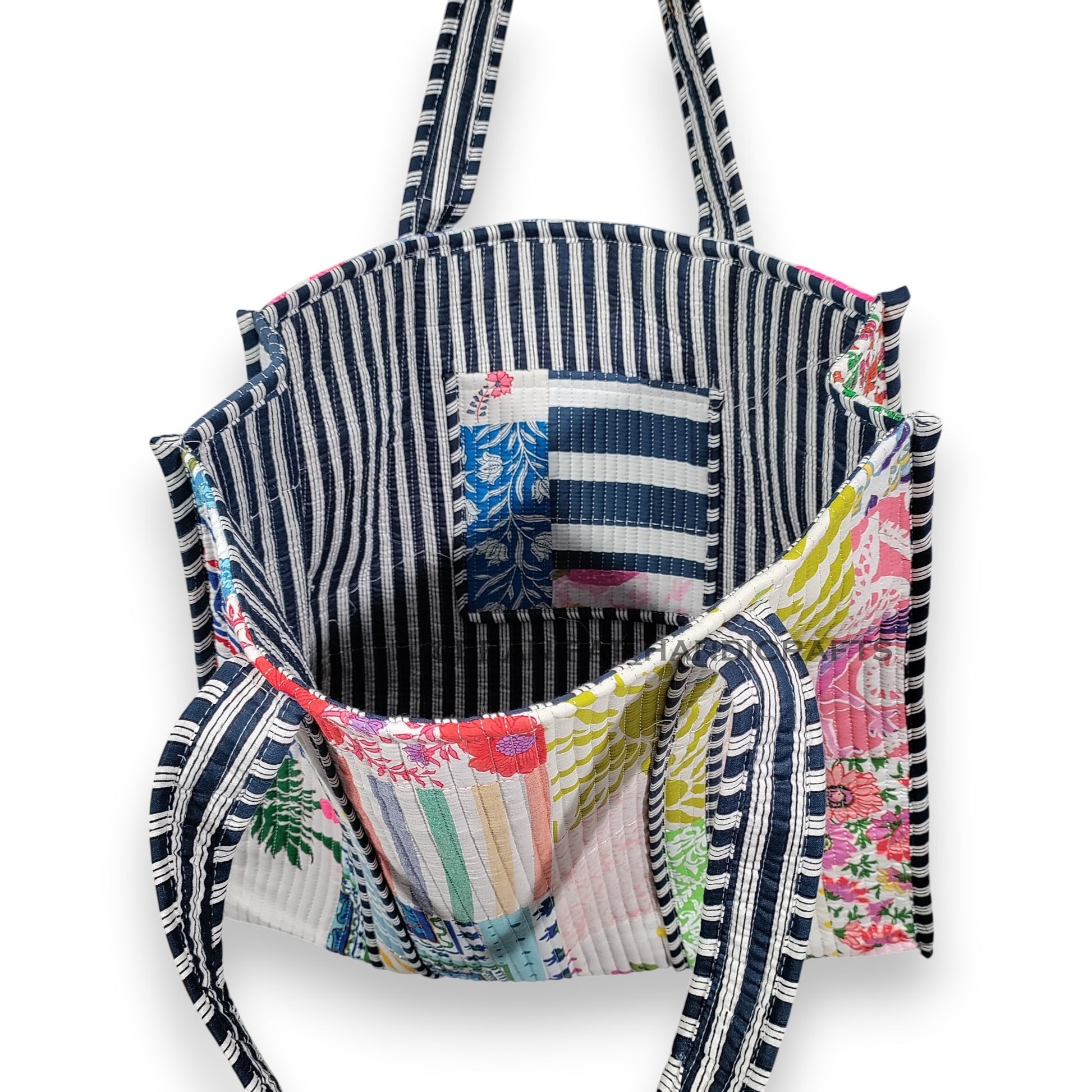 Women Cotton White Multi Beach Quilted Bag Shoulder Travel Tote Bag - Handicraft Trend