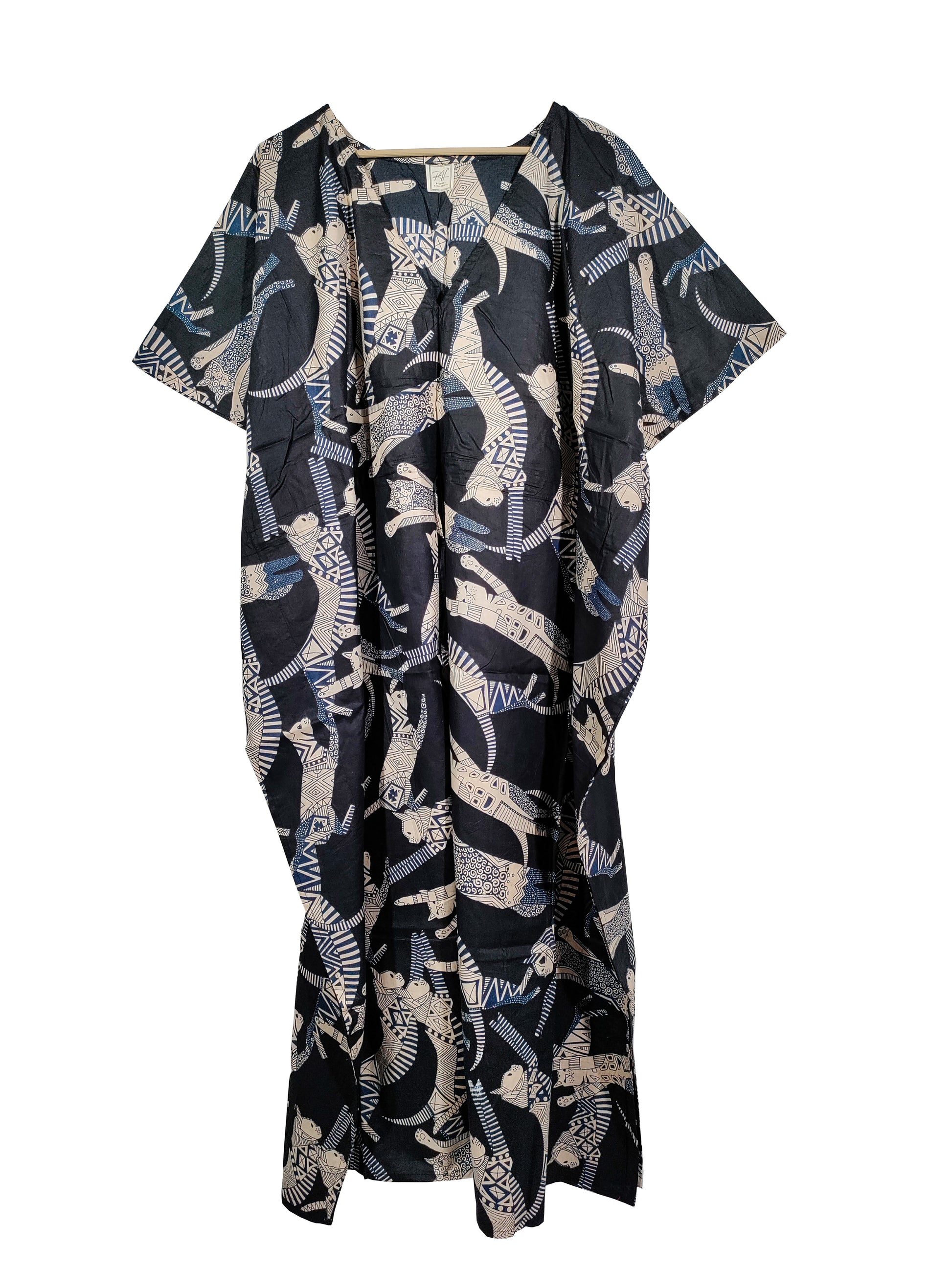 Handicraft Trend Egyptian Cat Print Beach Dress 100% Cotton Maxi cover up Sleepwear Women Hippie Caftan Dress - Handicraft Trend