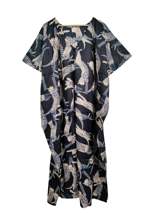 Handicraft Trend Egyptian Cat Print Beach Dress 100% Cotton Maxi cover up Sleepwear Women Hippie Caftan Dress - Handicraft Trend