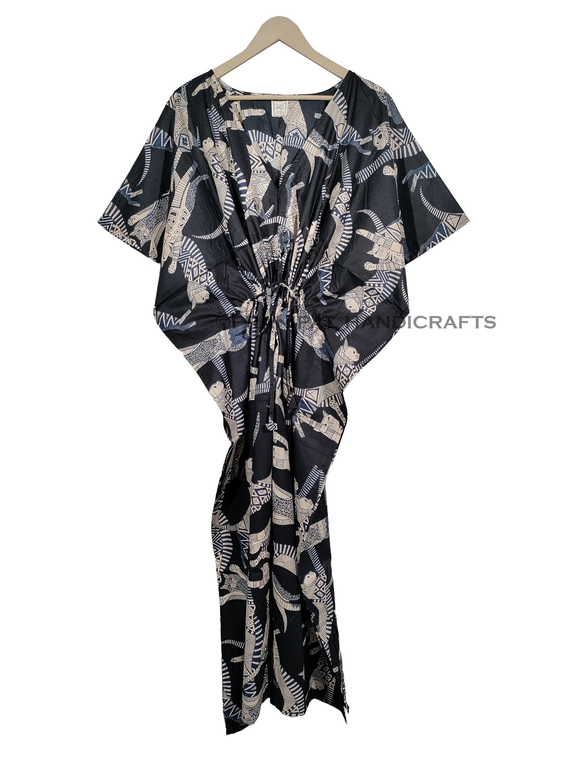 Handicraft Trend Egyptian Cat Print Beach Dress 100% Cotton Maxi cover up Sleepwear Women Hippie Caftan Dress - Handicraft Trend
