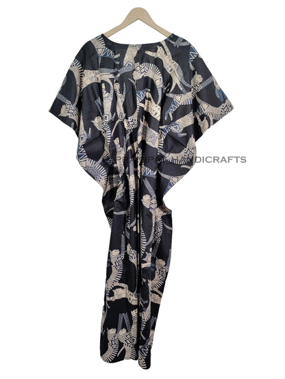 Handicraft Trend Egyptian Cat Print Beach Dress 100% Cotton Maxi cover up Sleepwear Women Hippie Caftan Dress - Handicraft Trend