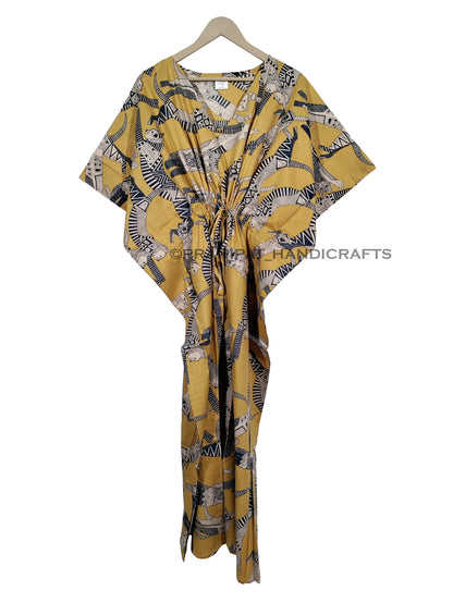 Handicraft Trend Egyptian Cat Print Beach Dress 100% Cotton Maxi cover up Sleepwear Women Hippie Caftan Dress - Handicraft Trend