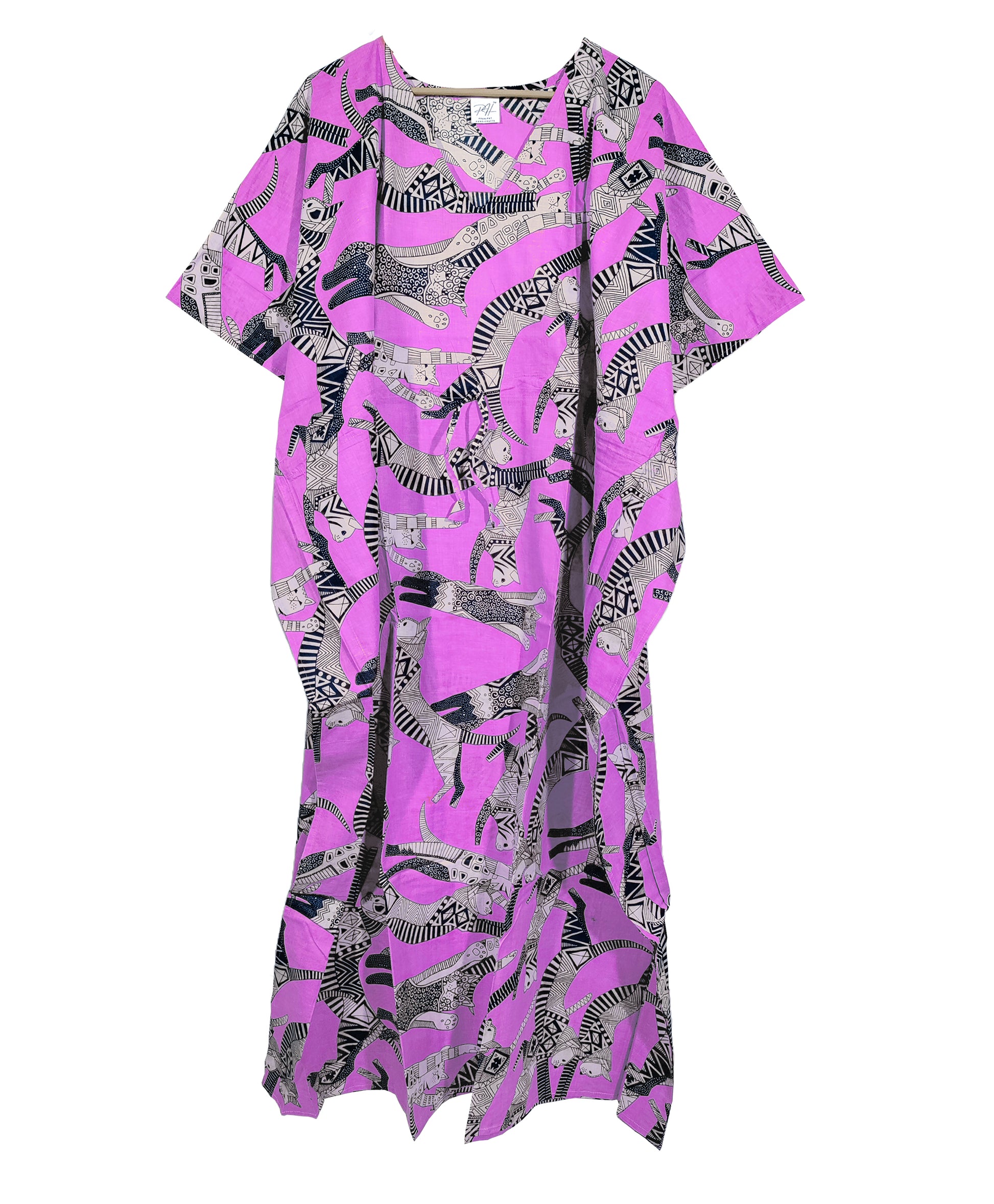 Handicraft Trend Egyptian Cat Print Beach Dress 100% Cotton Maxi cover up Sleepwear Women Hippie Caftan Dress - Handicraft Trend