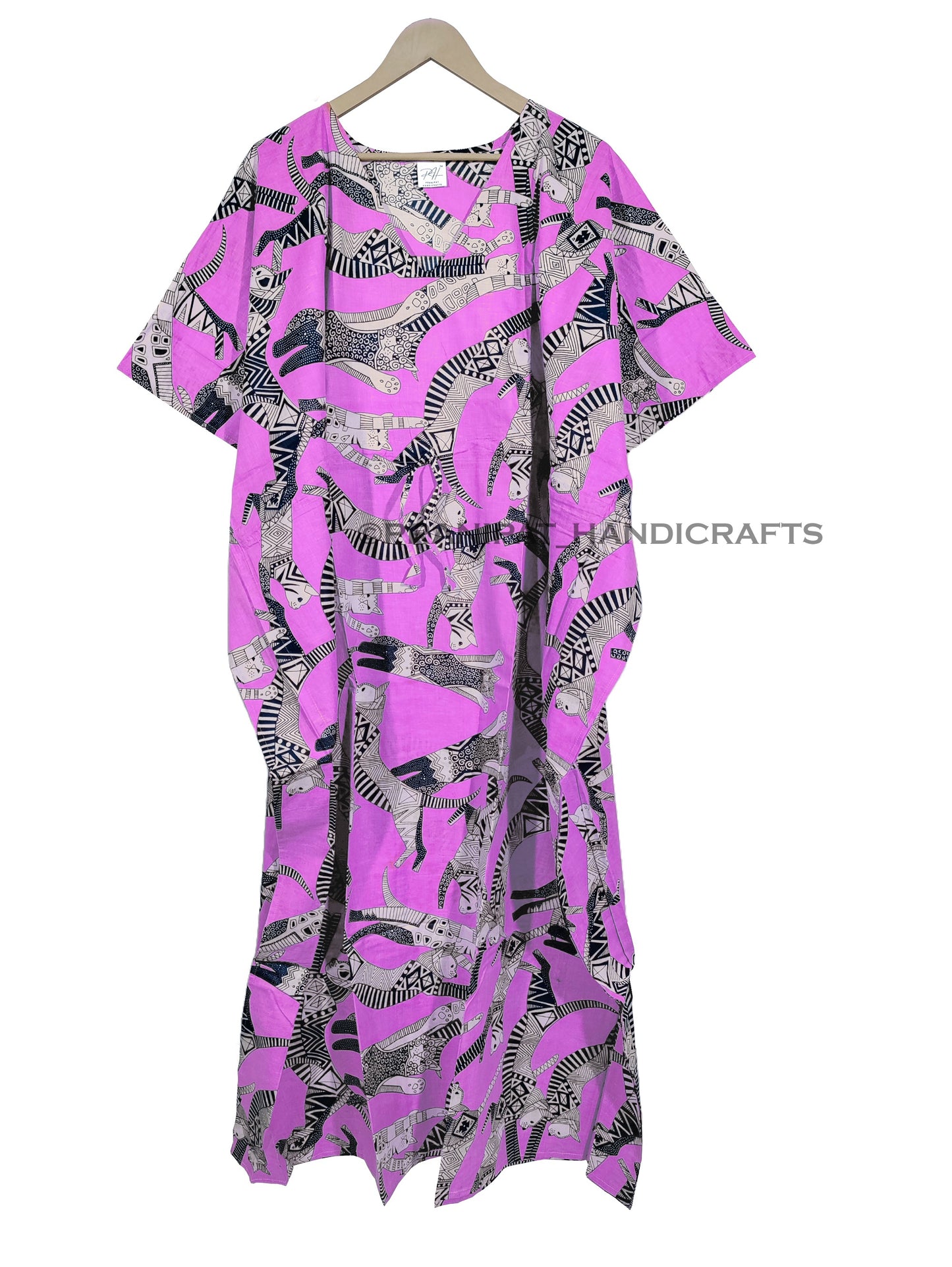 Handicraft Trend Egyptian Cat Print Beach Dress 100% Cotton Maxi cover up Sleepwear Women Hippie Caftan Dress - Handicraft Trend