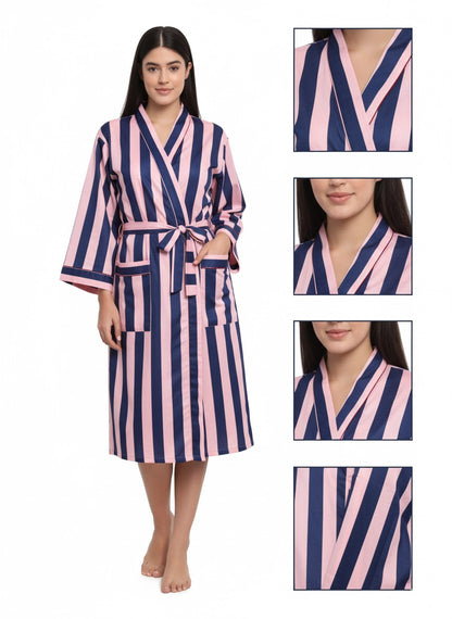 Stripe Print Bathrobe Cotton Kimono Robe for Women Beach wear Ethnic Summer Beach Cover up