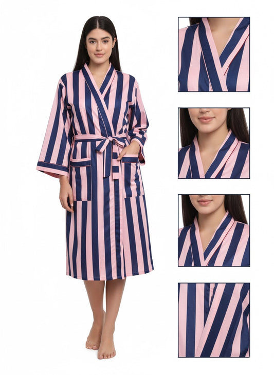 Stripe Print Bathrobe Cotton Kimono Robe for Women Beach wear Ethnic Summer Beach Cover up