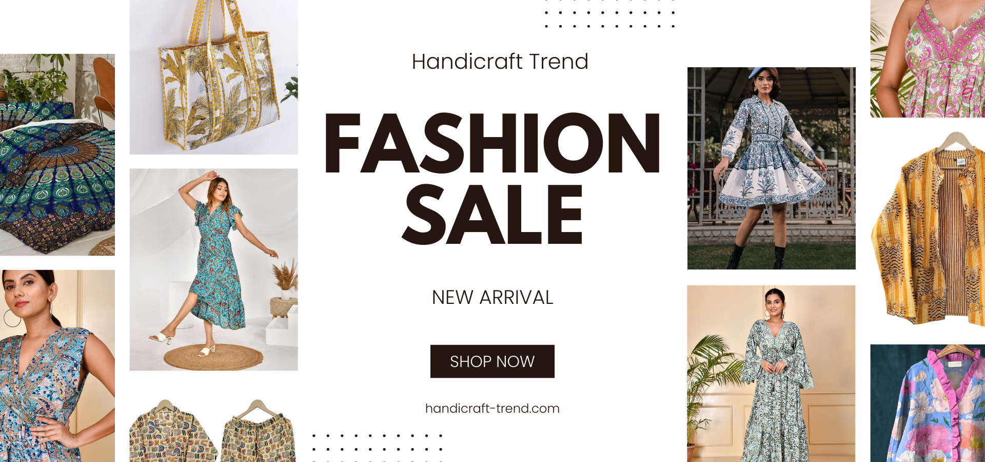 New Arrival Fashion sale advertisement with images of clothing and a handbag.