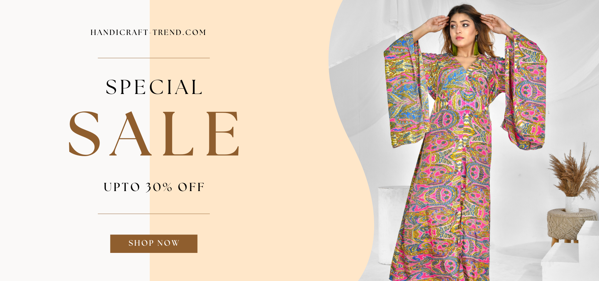 Woman wearing a colorful patterned dress with a 'Special Sale' banner on a beige background