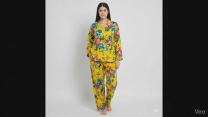 Women Multi Floral Summer Yellow Sleepwear Cotton Soft Night wear Lightweight Top-Pajama set