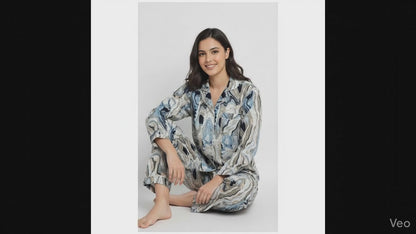 Women Abstract Summer Sleepwear Gypsy Cotton Blue Night wear Top-Pajama set