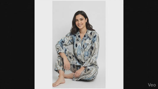 Women Abstract Summer Sleepwear Gypsy Cotton Blue Night wear Top-Pajama set