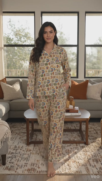 Women Gypsy Floral Geometric Print Summer Sleepwear Cotton Beige Night wear Top-Pajama set