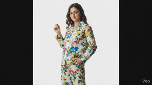 Women Lightweight Multi Floral Summer Sleepwear Cotton Soft White Night wear Top-Pajama set