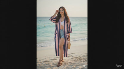 Stripe Print Bathrobe Cotton Kimono Robe for Women Beach wear Ethnic Summer Beach Cover up